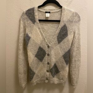 J. Crew Grey Argyle Print Mohair Nylon Wool Grandpa Style Cardigan Size XS